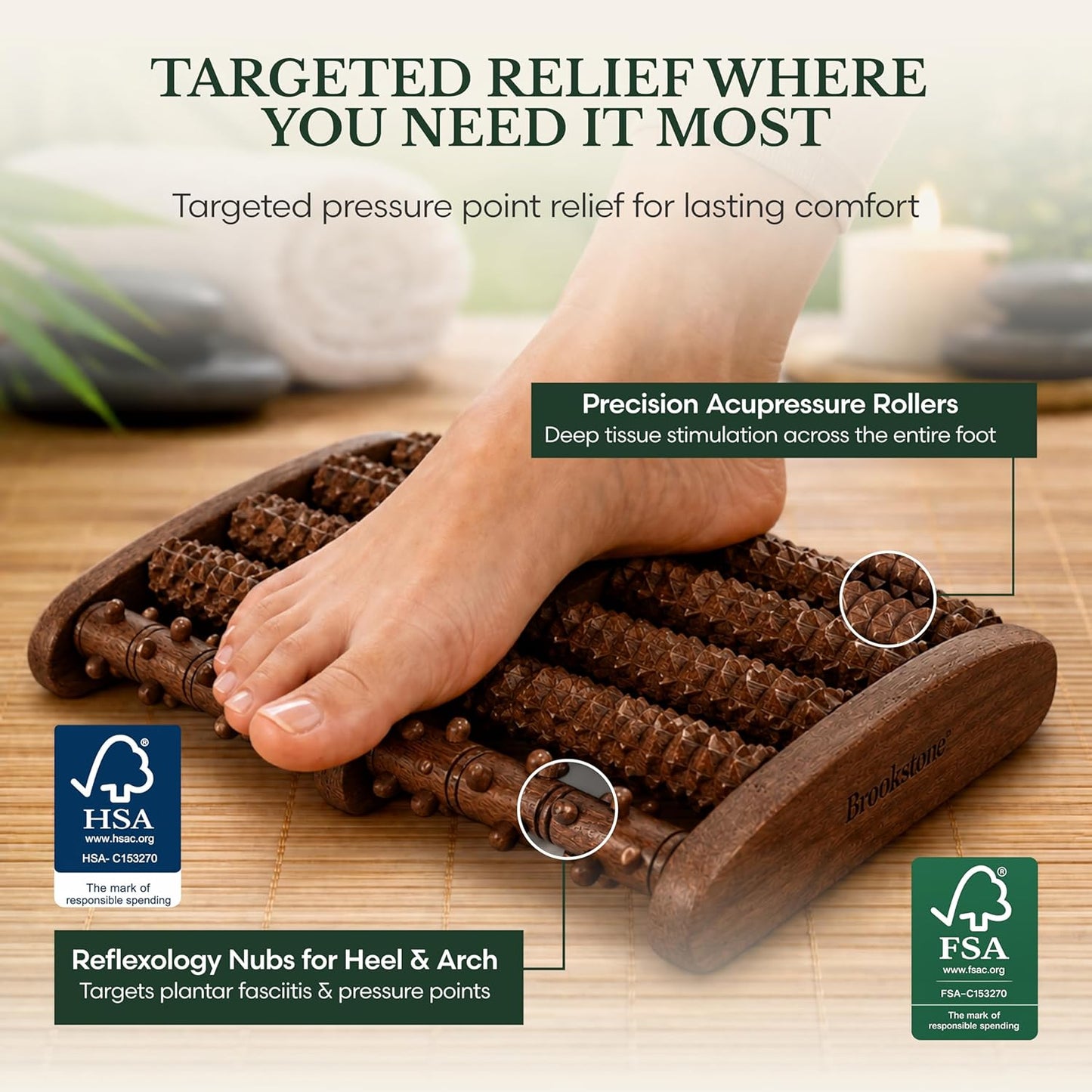 Brookstone Foot Massager Roller Plantar Fasciitis Pain Relief - Wooden Under Desk Feet Massage - Dual Manual Heel Massagers - Wood Rolling Acupressure Tool with Reflexology Guide - Gift for Men, Women