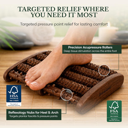 Brookstone Foot Massager Roller Plantar Fasciitis Pain Relief - Wooden Under Desk Feet Massage - Dual Manual Heel Massagers - Wood Rolling Acupressure Tool with Reflexology Guide - Gift for Men, Women