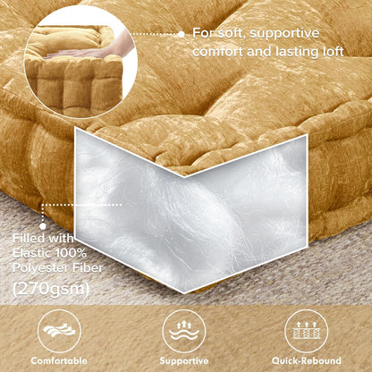 Intelligent Design Large Floor Pillow for Adults Yoga or Meditation Cushion with Handle, Floor Cushion for Board Games, Lustrous Chenille Tufted, Handsewn Scalloped Edge, Azza, 24" x 24" x 5" Yellow