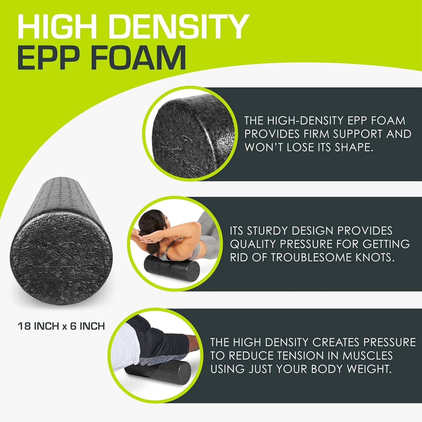 ProsourceFit High Density Foam Rollers 12 - inches long, Firm Full Body Athletic Massage Tool for Back Stretching, Yoga, Pilates, Post Workout Muscle Recuperation, Black