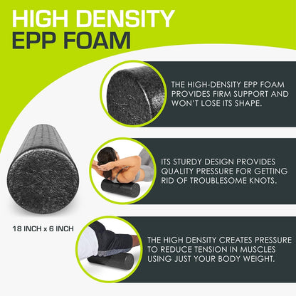 ProsourceFit High Density Foam Rollers 12 - inches long, Firm Full Body Athletic Massage Tool for Back Stretching, Yoga, Pilates, Post Workout Muscle Recuperation, Black