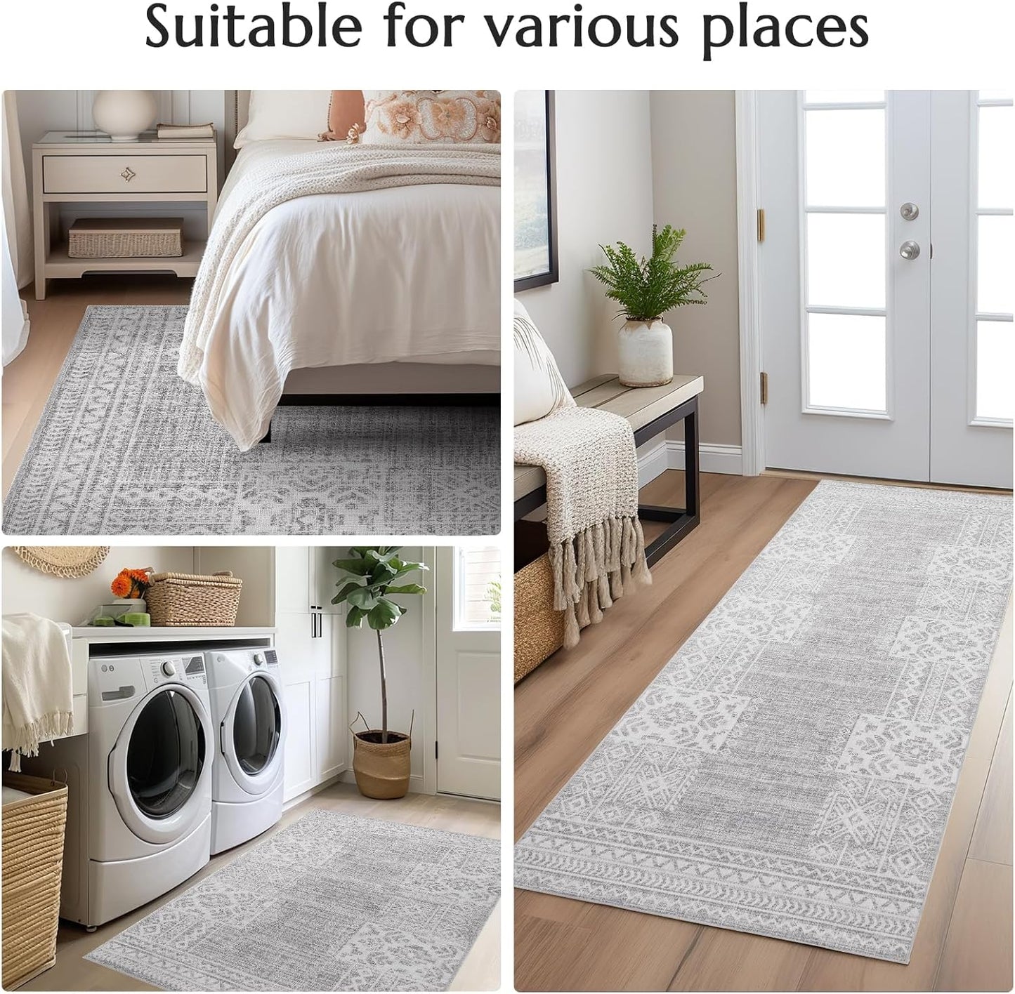 jinchan Area Rug 4x6 Ultra-Thin Washable Vintage Boho Geometric Entryway Rug Non-Slip Non-Shedding Carpet for Living Room Bedroom Blue Ivory