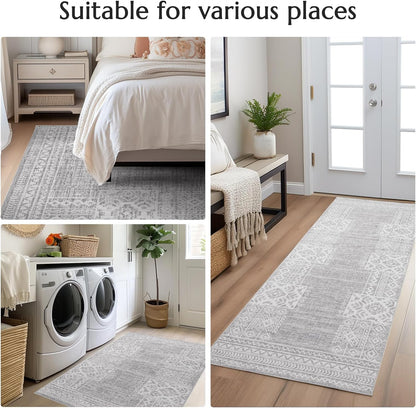 jinchan Area Rug 4x6 Ultra-Thin Washable Vintage Boho Geometric Entryway Rug Non-Slip Non-Shedding Carpet for Living Room Bedroom Blue Ivory