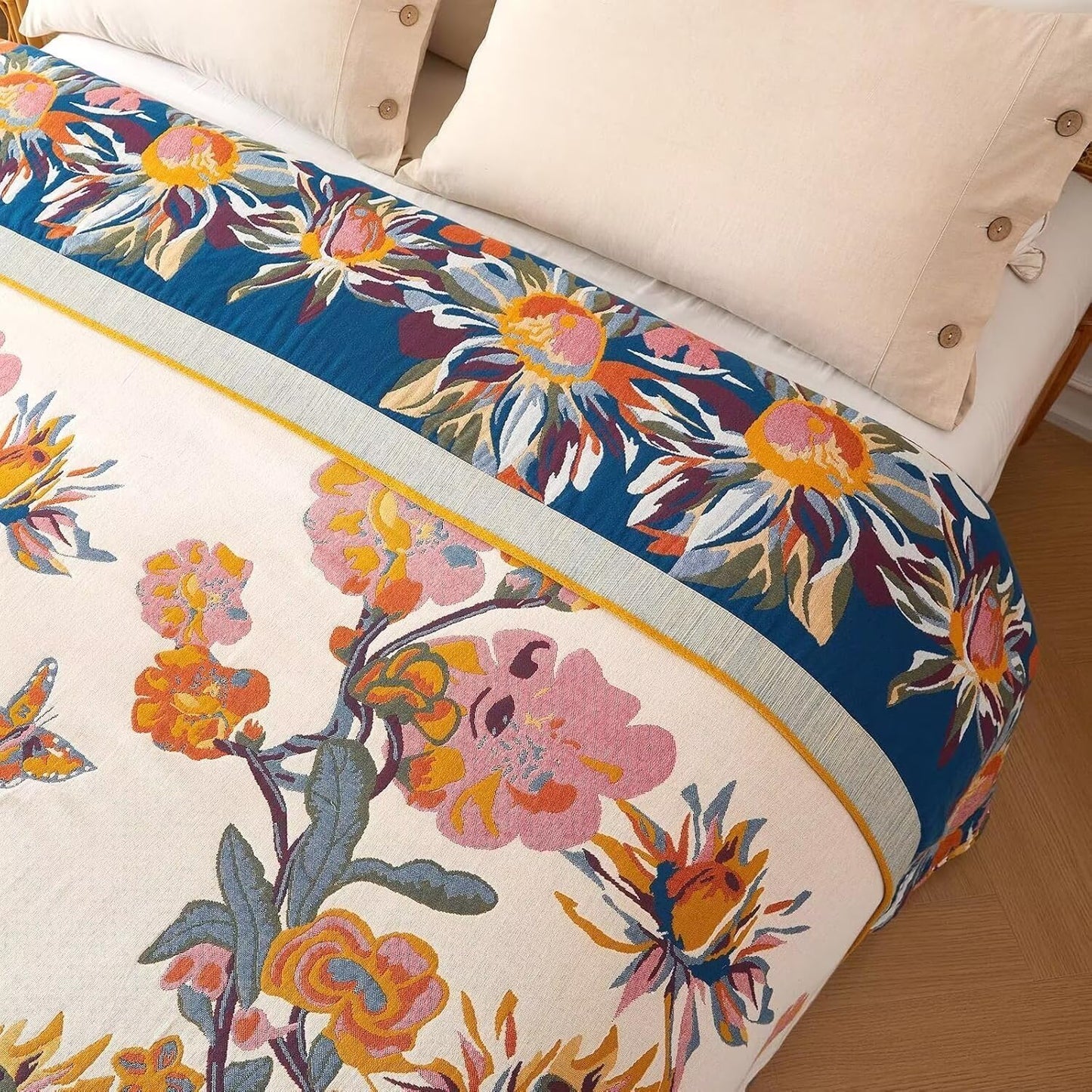 Boho Throw Blanket - 100% Cotton Soft Summer Throw Blanket for Bed, 50"x60" Reversible Breathable Lightweight Blankets, All Seasons Farmhouse Decor Floral Plant Butterfly Throw Quilt