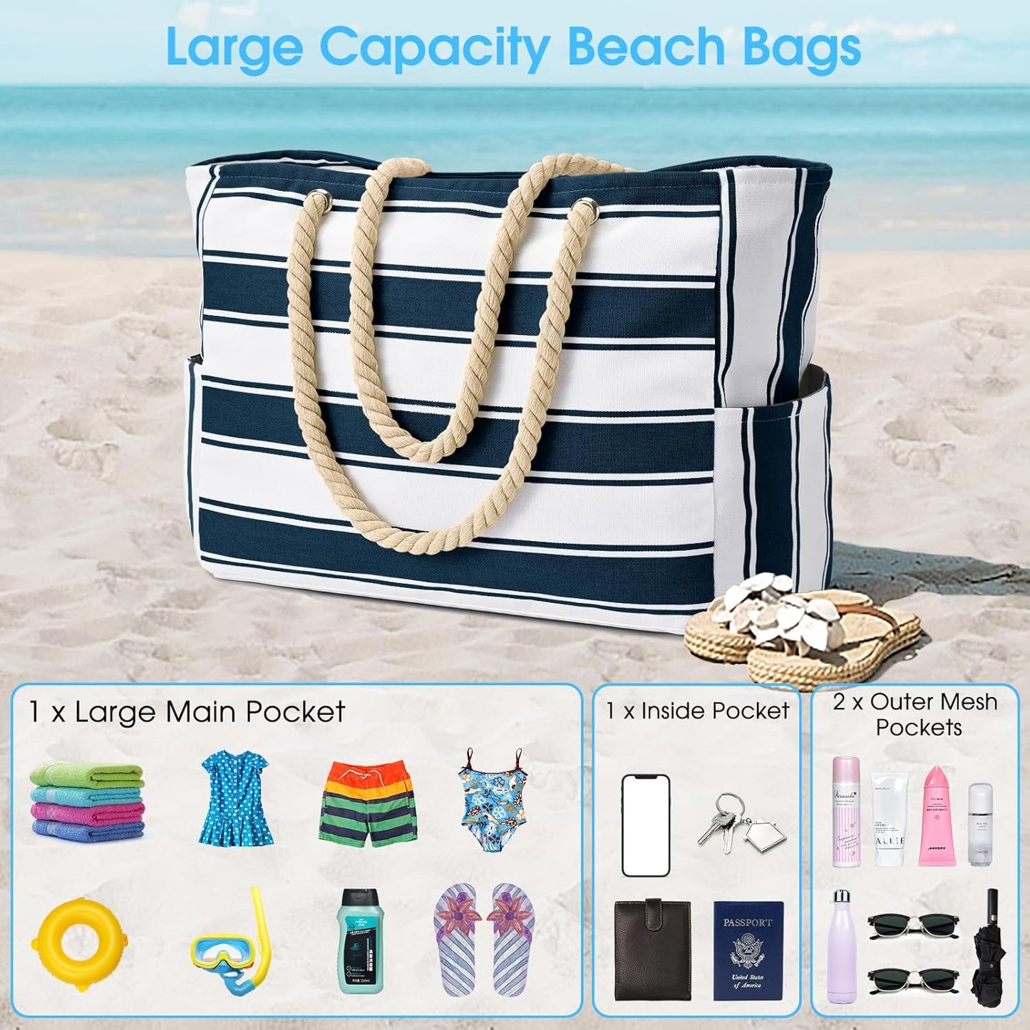 Becokan Beach Bags for Women Large Waterproof Beach Tote Bag Zipper Beach Bags Waterproof Sandproof Swim Pool Bag Large Tote