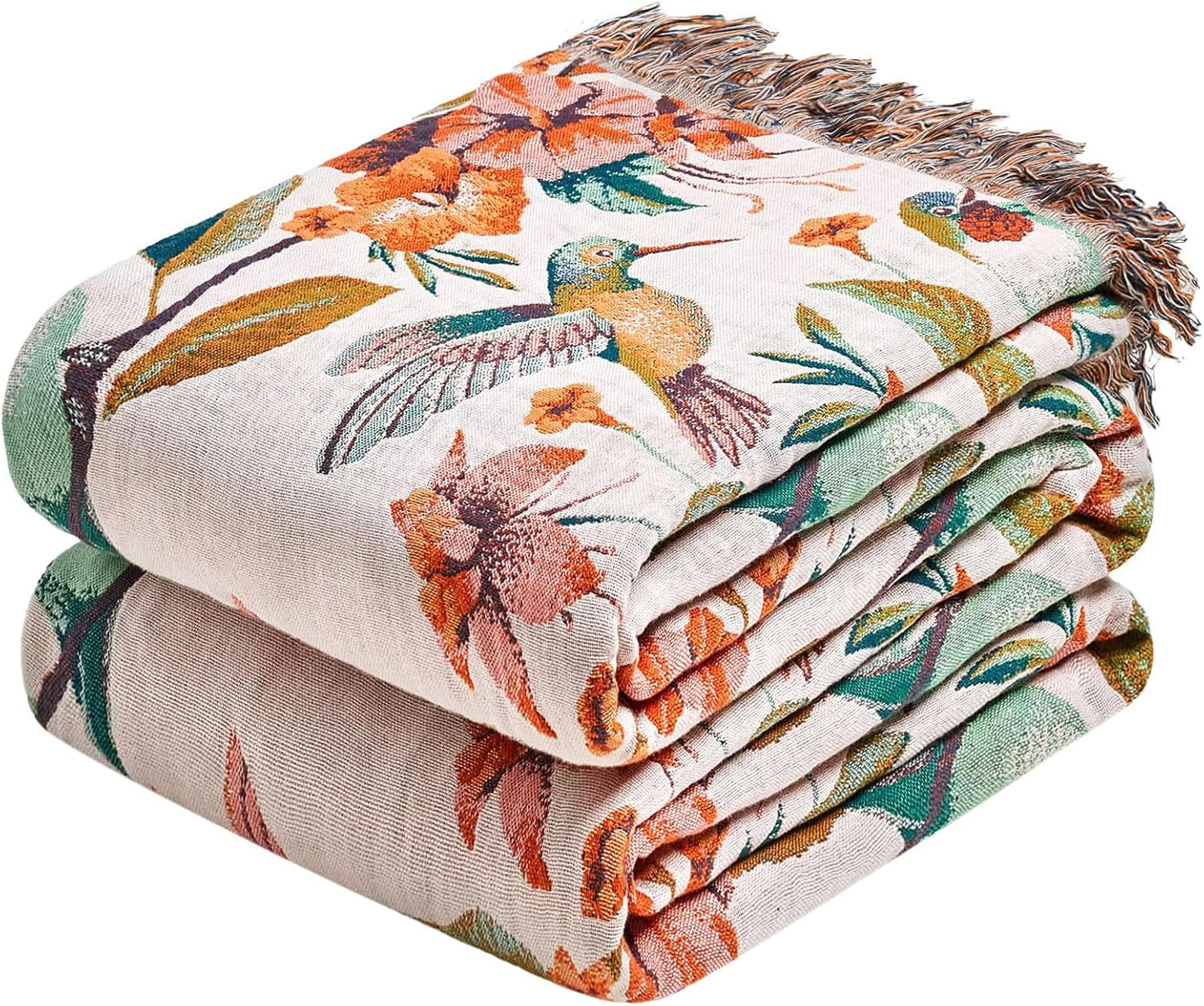 Boho Throw Blanket - 100% Cotton Soft Summer Throw Blanket for Bed, 50"x60" Reversible Breathable Lightweight Blankets, All Seasons Farmhouse Decor Floral Plant Butterfly Throw Quilt