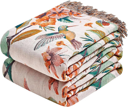 Boho Throw Blanket - 100% Cotton Soft Summer Throw Blanket for Bed, 50"x60" Reversible Breathable Lightweight Blankets, All Seasons Farmhouse Decor Floral Plant Butterfly Throw Quilt