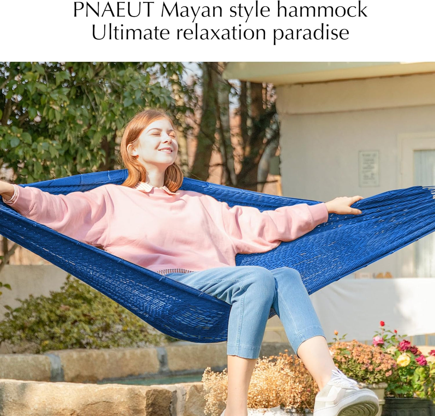 PNAEUT Handwoven Mayan Hammocks, Double Rope Hammock for Outdoor Outside & Indoor, Thick Soft 600 lbs Capacity Heavy-Duty, Includes Tree Straps, Carabiners & Carrying Bag (Nature, X-Large)