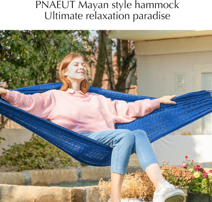 PNAEUT Handwoven Mayan Hammocks, Double Rope Hammock for Outdoor Outside & Indoor, Thick Soft 600 lbs Capacity Heavy-Duty, Includes Tree Straps, Carabiners & Carrying Bag (Nature, X-Large)