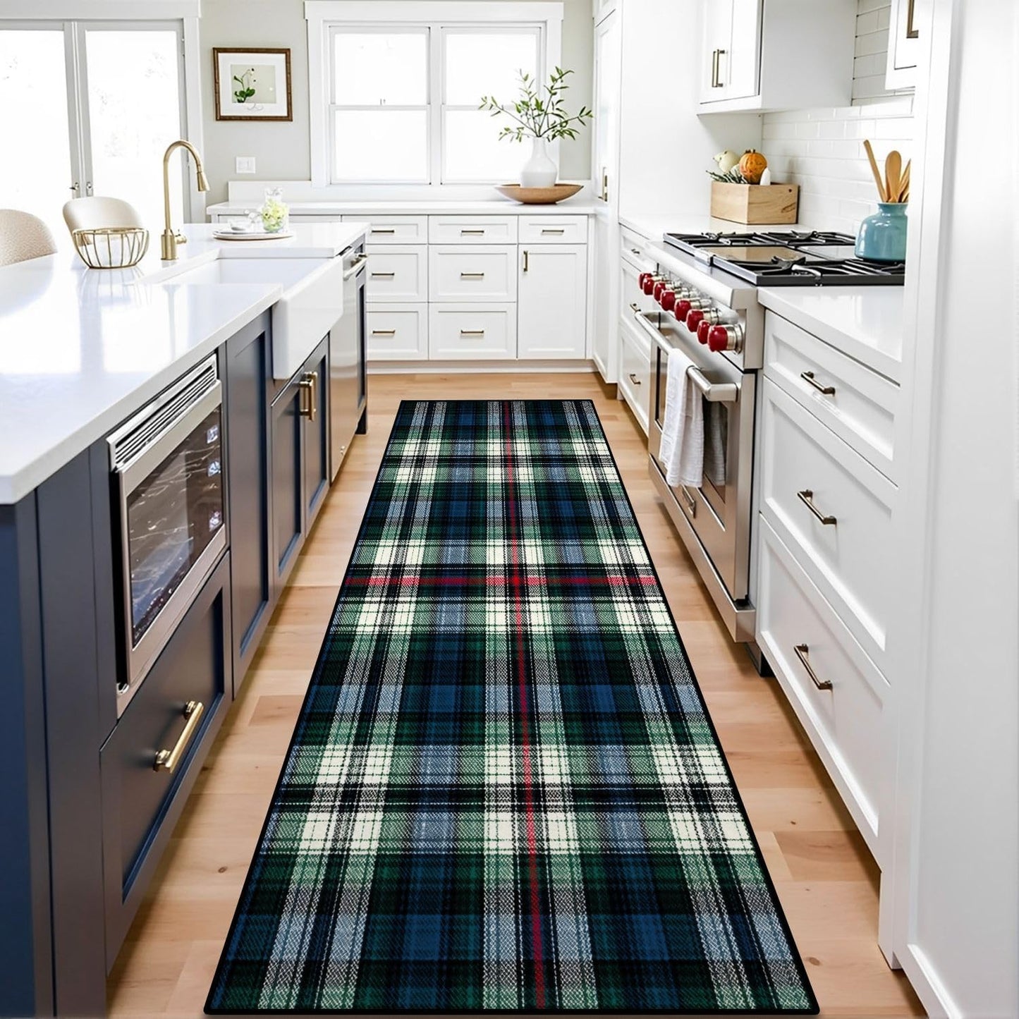 Runner Rug Washable 2x6 White Navy Blue Green Tartan Plaid Scottish Texture from Tartan Plaid Non-Slip Hallway Area Rug Indoor Outdoor Home Decor for Entryway Bathroom Kitchen Carpet Yoga Floor Mat