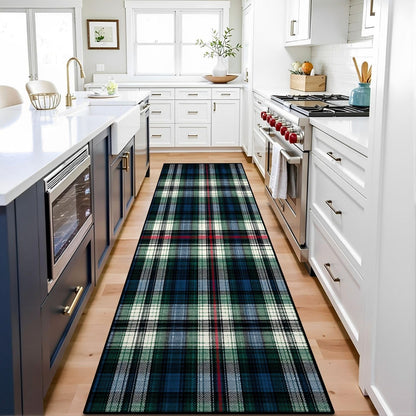 Runner Rug Washable 2x6 White Navy Blue Green Tartan Plaid Scottish Texture from Tartan Plaid Non-Slip Hallway Area Rug Indoor Outdoor Home Decor for Entryway Bathroom Kitchen Carpet Yoga Floor Mat
