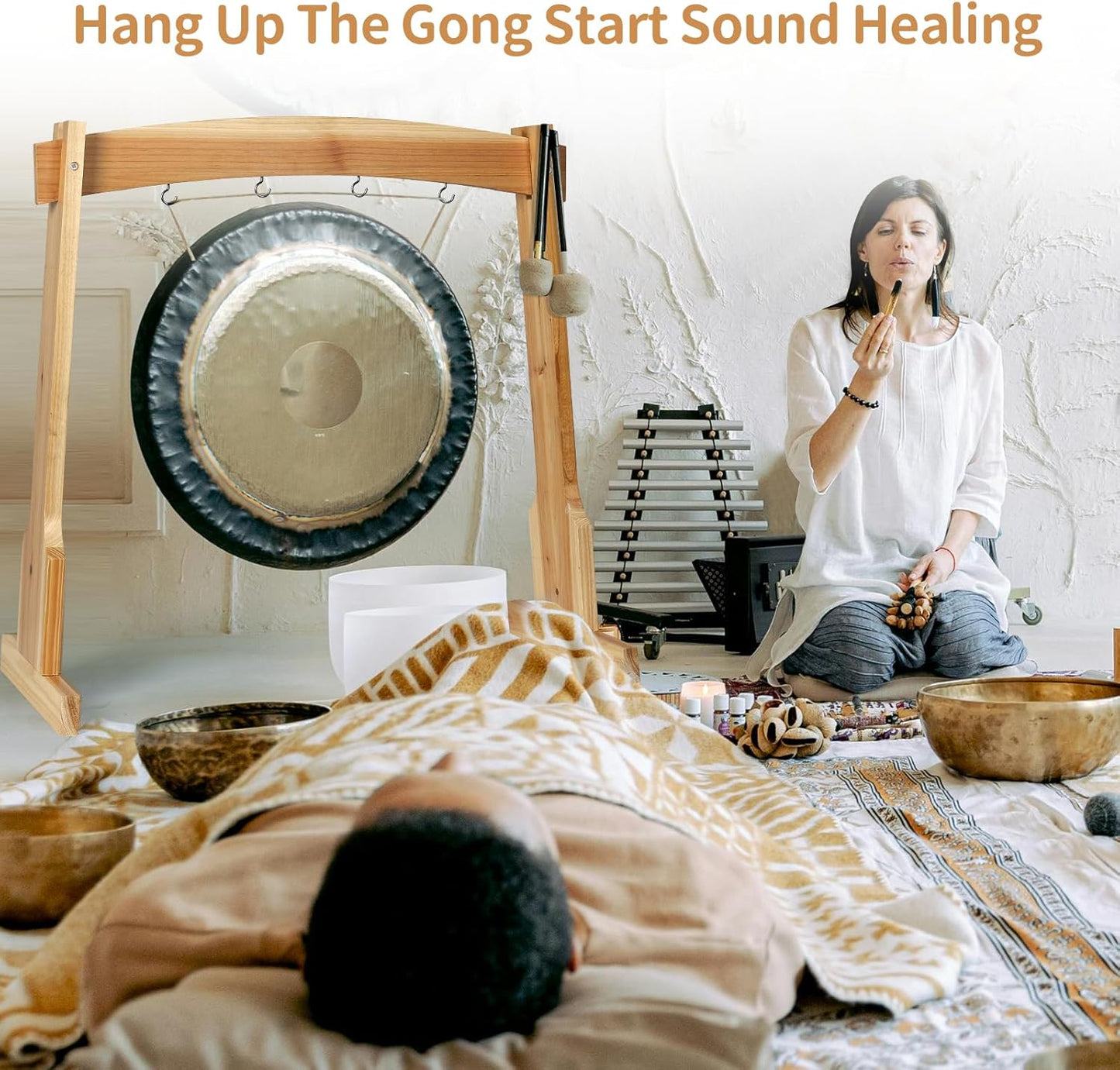14" Gong Stands, Wind Chimes Wood Stand with Base for 1 Gong or 4 Chimes, Light & Portable Multipurpose Stand, Easy Assembly for Sound Healing, Meditation, Yoga