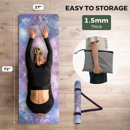 U&M 72'' x 27'' Travel Yoga Mat 1.5mm Thick - Foldable Non-Slip Natural Rubber Base & Suede Mat, Sweat-resistant Antibacterial Light Yoga Mat Material Cover for Women Men, Suitable for Beach Pilates Fitness