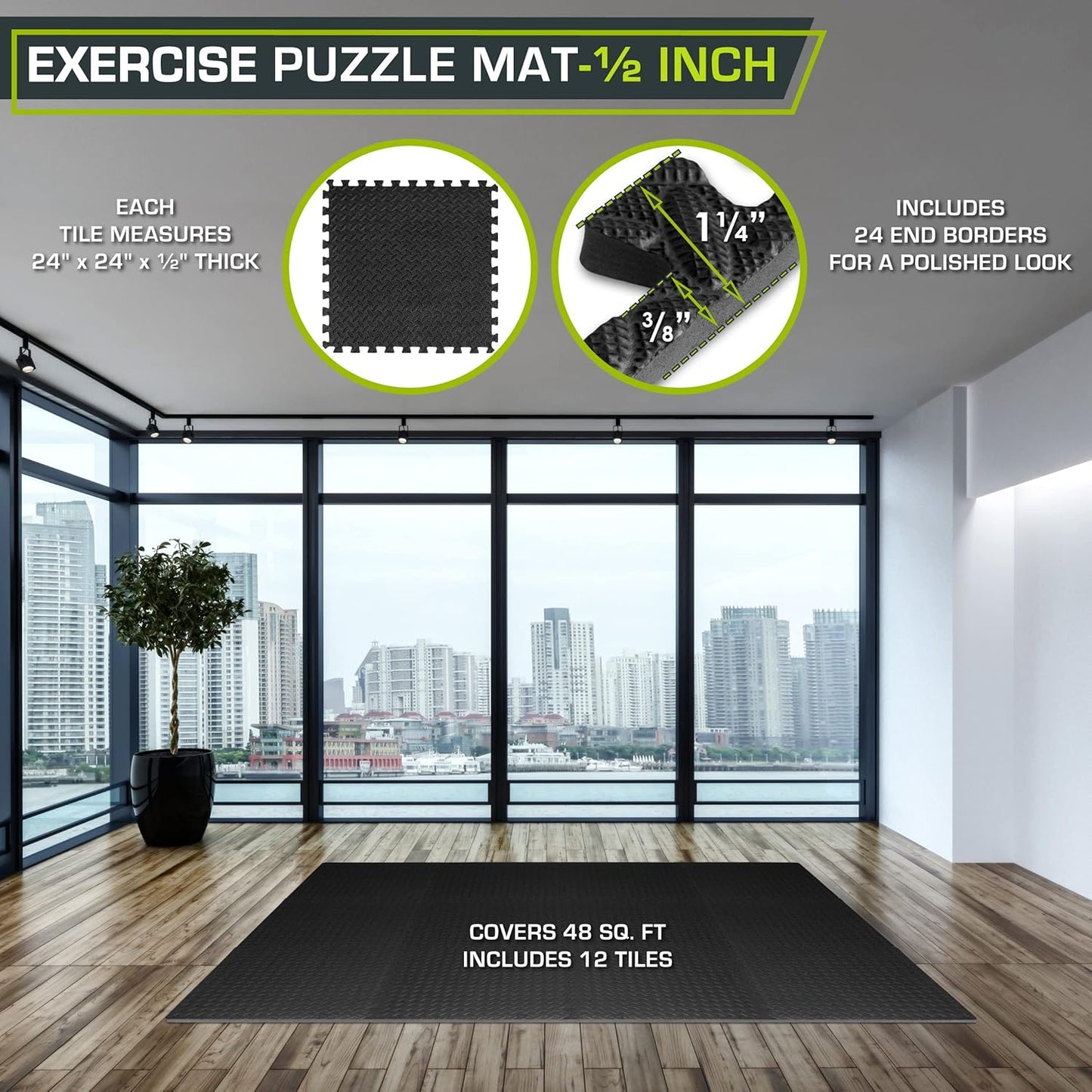 ProsourceFit Exercise Puzzle Mat ½-inch, EVA Interlocking Foam Floor Tiles for Home Gym, Workout Equipment, Kids Play Areas, Black, 24 SQ FT - 6 Tiles