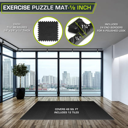 ProsourceFit Exercise Puzzle Mat ½-inch, EVA Interlocking Foam Floor Tiles for Home Gym, Workout Equipment, Kids Play Areas, Black, 24 SQ FT - 6 Tiles