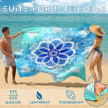 BYDOLL Beach Blanket Waterproof Sandproof Large Sand Free,78''X81''/10'X9' Oversized Sandless Lightweight Blanket Picnic Mat for Beach Travel Camping Hiking with Stakes