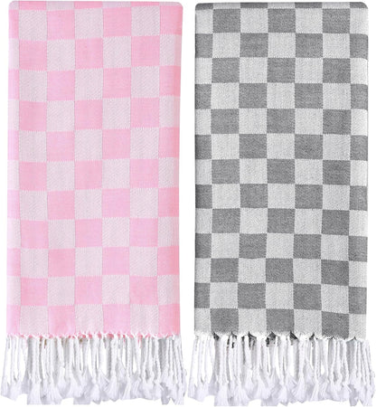 2 Packs Checkered Plaid Yoga Blanket Turkish Towel Extra Large Meditation Supplies Mat Cover Beach Blanket Women Birthday Gift for Mom Wife Sister Girlfriend Mother Adult Friend Husband Son Daughter