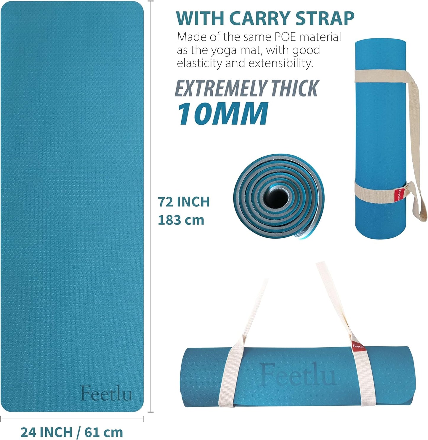Extra Thick Exercise Yoga Mat with Strap - 2/5 Inch (10MM), Non-Slip Workout Mat for Yoga, Pilates, and Floor Exercises