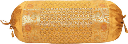 Indian Border Silk Bolster Tube Pillow Cover Cylindrical Mustard Yellow Yoga Large Couch Round Cushion Cover Home Decor Living Room Floral Throw Cushion Cover 30x15 inch (76x38cm) 1 Pc.