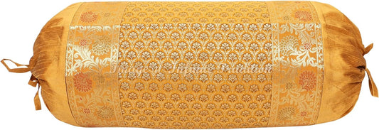 Indian Border Silk Bolster Tube Pillow Cover Cylindrical Mustard Yellow Yoga Large Couch Round Cushion Cover Home Decor Living Room Floral Throw Cushion Cover 30x15 inch (76x38cm) 1 Pc.