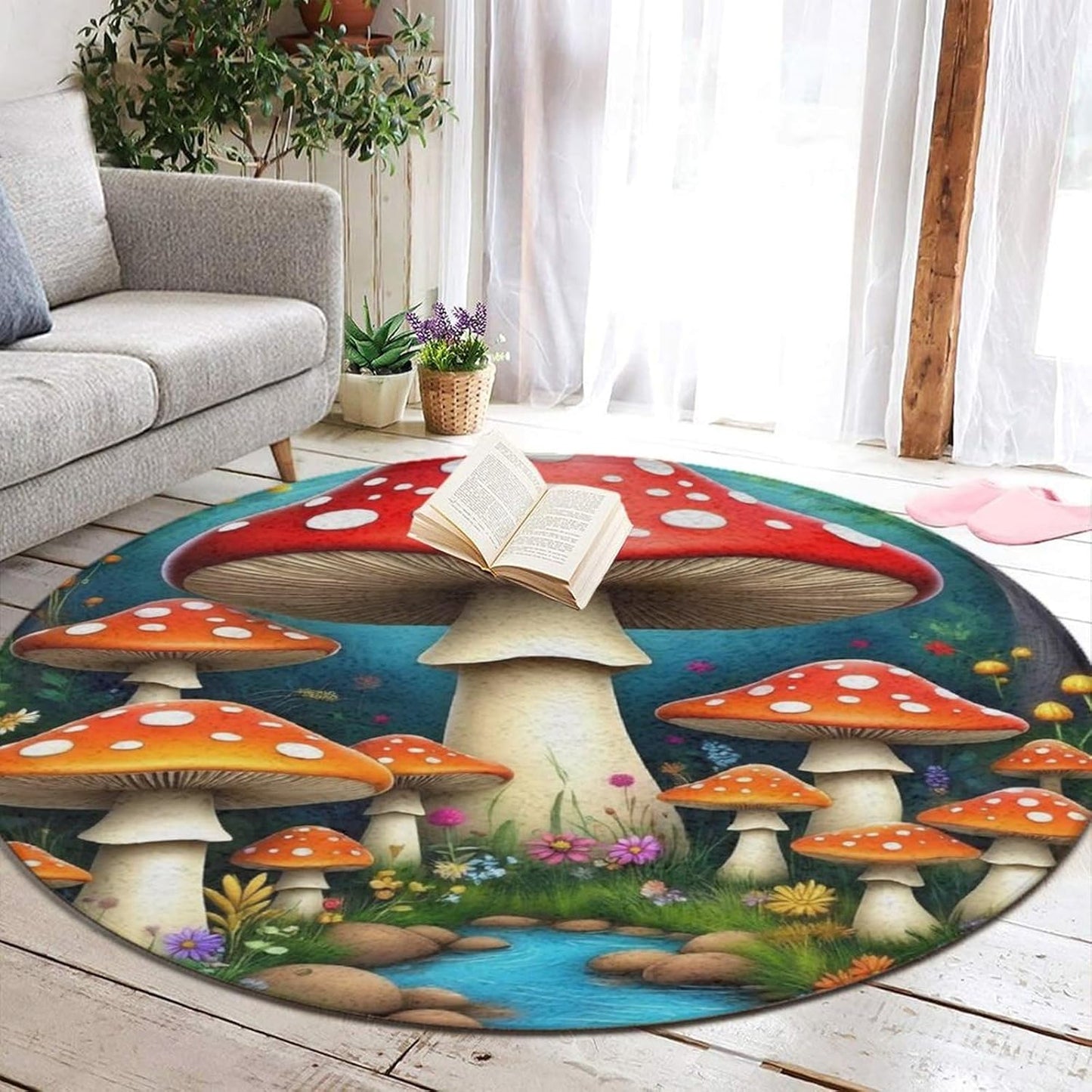 Large Home Decor Mat, Soft Round Yoga Carpet, Non Slip Machine Washable Home Office Circle Rug Gothic Witchy Sun Moon Mushroom Moth