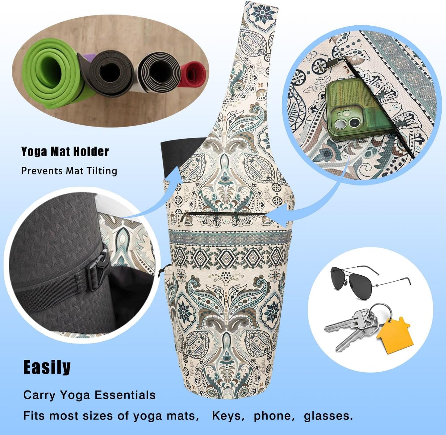 Yoga Mat Bag - Large Opening Long Tote Yoga Mat Carrier Holder Bag with Waterproof Wet Zipper Pocket and Drawstring Water Bottle Pocket - Yoga Bag Fit Most Size Mats
