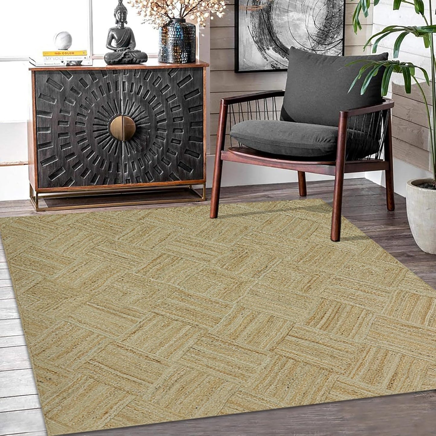 Hand Braided Jute 4 Ft Square Kilim Rug Flatweave Pink Geometric Pattern Jute Sisal Rug, Thick 0.27 Inch Indoor Outdoor Carpet for Kitchen, Bedside, Yoga Mat - Colors B
