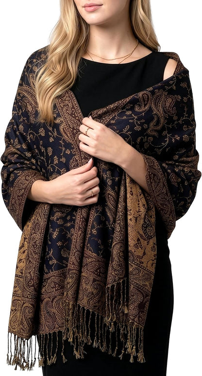 Achillea Reversible Paisley Pashmina Rave Scarf – Exotic Indian Shawls and Wraps for Evening Dresses, Festivals, All Seasons - Colors A
