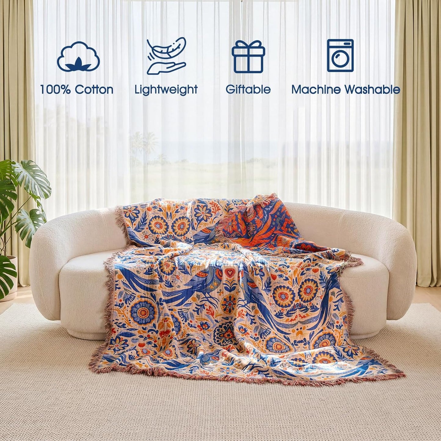 Boho Throw Blanket - 100% Cotton Soft Summer Throw Blanket for Bed, 50"x60" Reversible Breathable Lightweight Blankets, All Seasons Farmhouse Decor Floral Plant Butterfly Throw Quilt