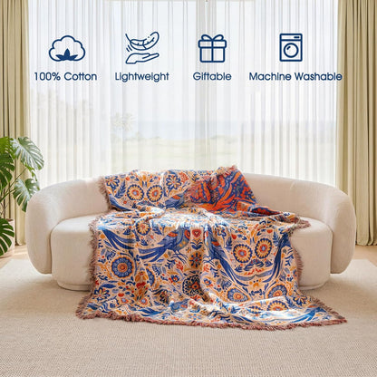 Boho Throw Blanket - 100% Cotton Soft Summer Throw Blanket for Bed, 50"x60" Reversible Breathable Lightweight Blankets, All Seasons Farmhouse Decor Floral Plant Butterfly Throw Quilt