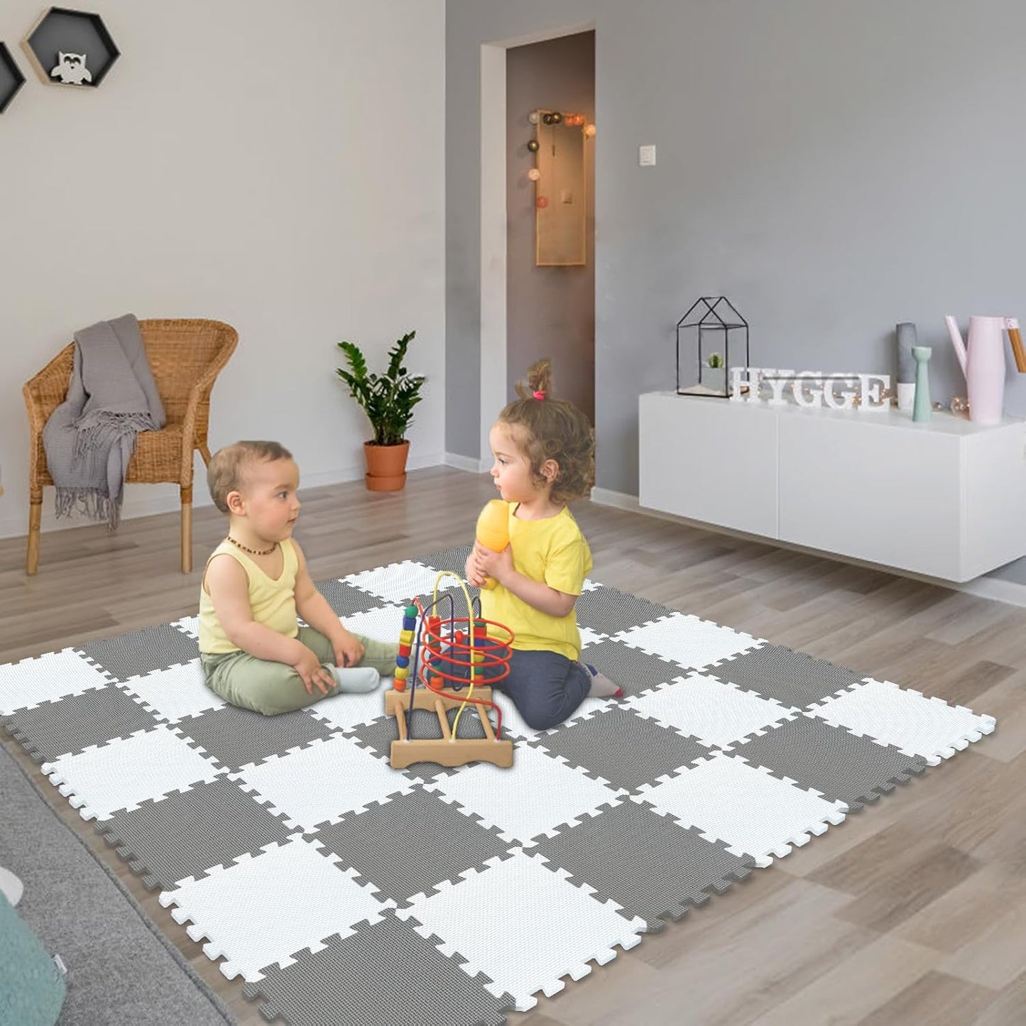 qqpp EVA Rubber 18 Tiles Interlocking Puzzle Foam Floor Mats - Baby Play Mat for Playing | Exercise Mat for Home Workout. White, Pink, Gray. QC-ACLb18N