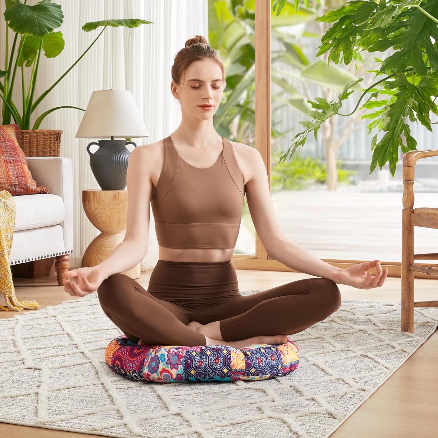 Codi Boho Floor Pillow, Large Meditation Cushion for Adults, Square Pillows Seating for Yoga Living Room Tatami Sitting Home Decor, Memory Foam Added, 22x22 Inch, Multi Patchwork