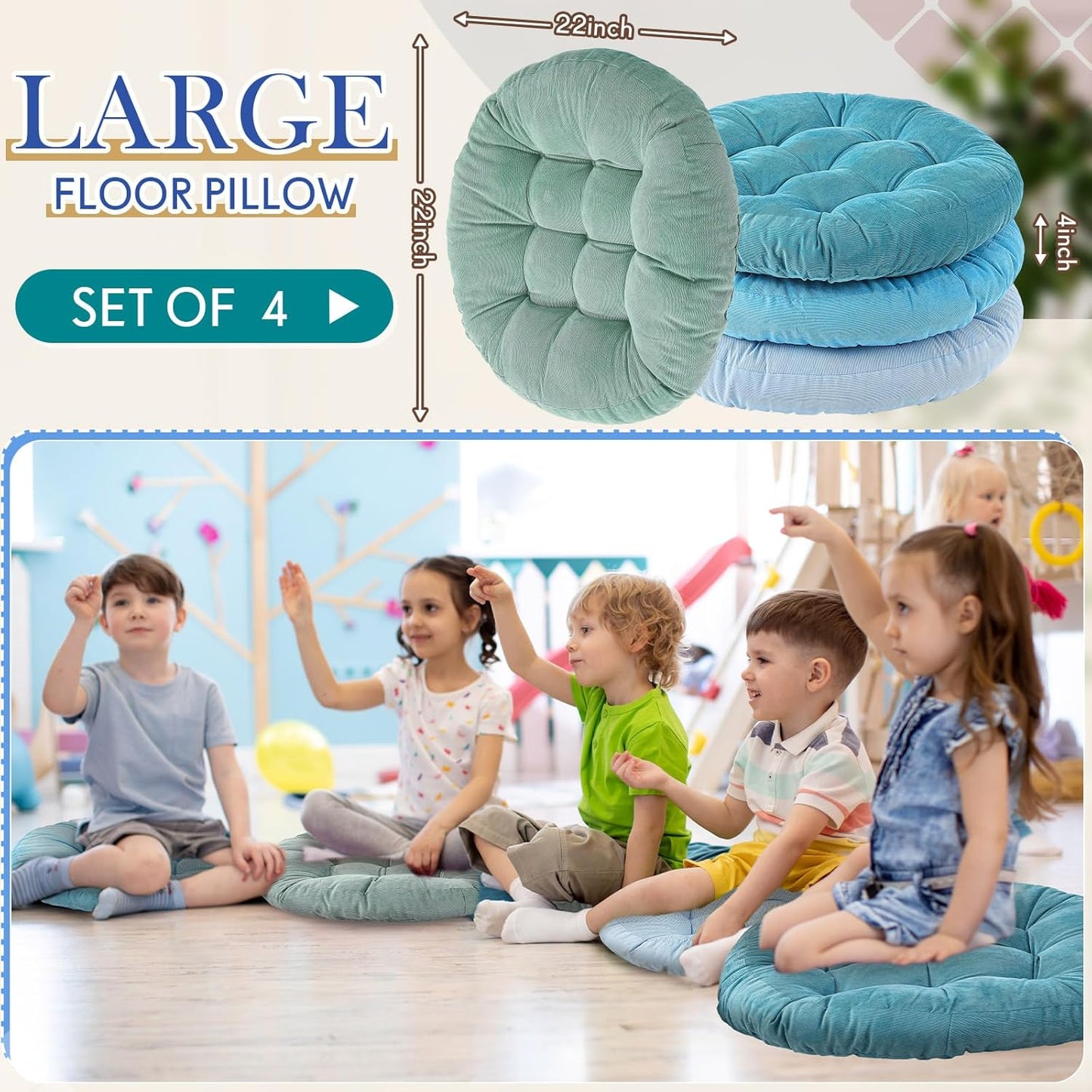 Jerify Floor Pillow Cushions Large Round Square Large Meditation Floor Pillow for Classroom Adult Meditation Picnic Party Seating Learning Daycare School(Square,Mixed Colors,4 Pcs)