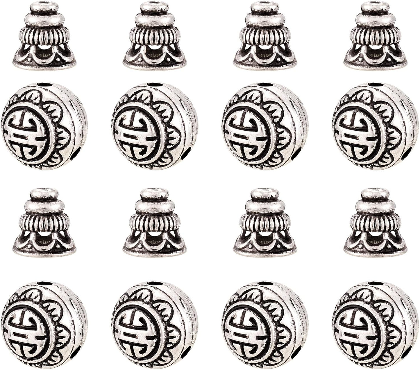 Pandahall 10Sets/20pcs Tibetan Silver Guru Bead Prayer Beads Charms Sets 3-Hole Round & Calabash Buddha Head Beads Cap Antique Silver Mala Jewelry Making