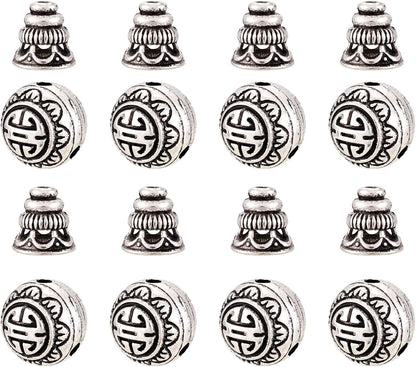 Pandahall 10Sets/20pcs Tibetan Silver Guru Bead Prayer Beads Charms Sets 3-Hole Round & Calabash Buddha Head Beads Cap Antique Silver Mala Jewelry Making