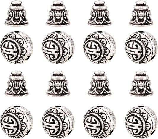 Pandahall 10Sets/20pcs Tibetan Silver Guru Bead Prayer Beads Charms Sets 3-Hole Round & Calabash Buddha Head Beads Cap Antique Silver Mala Jewelry Making