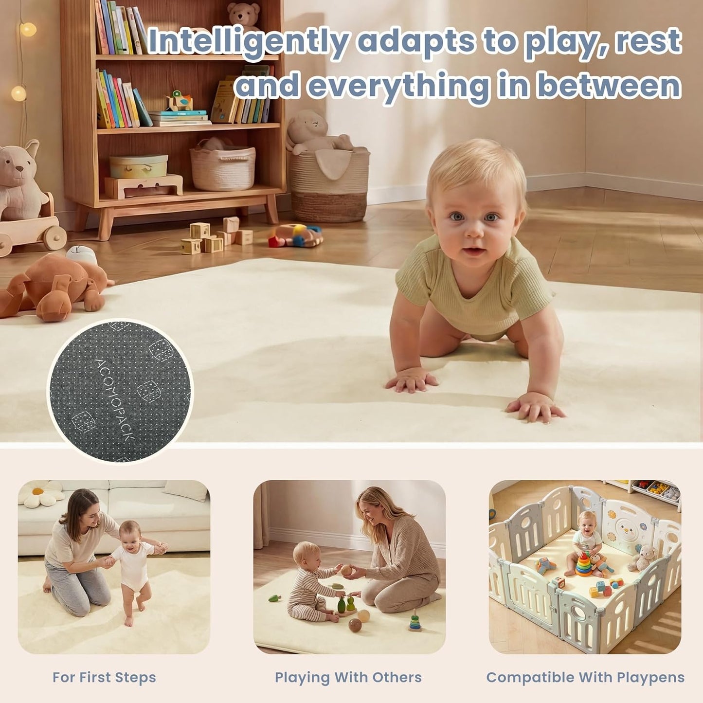 ACOMOPACK 1.3" Thick Baby Play Mat for Floor 79x118"-Large Water-Repellent&Non-Slip Memory Foam Mat for Kids,Toddlers,Soft Velvet Nursery Rug for Tummy Time&Crawling,Yoga,Tatami Style(Blue)