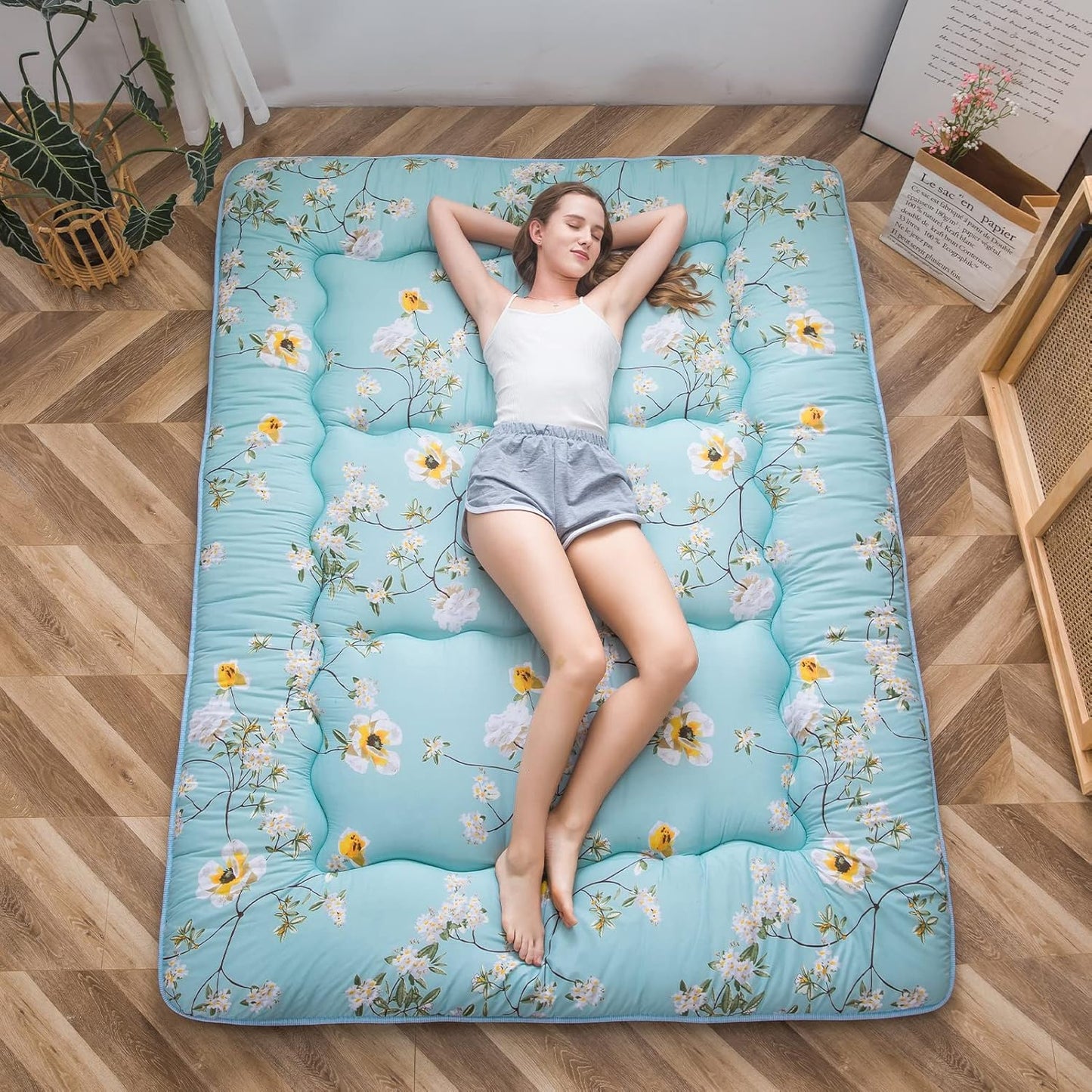 MAXYOYO Bohemian Retro Mattress Boho Floral Japanese Futon Mattress Tatami Floor Mat Foldable Portable Camping, Sleeping Pad, Lounger Couch Bed Full Size