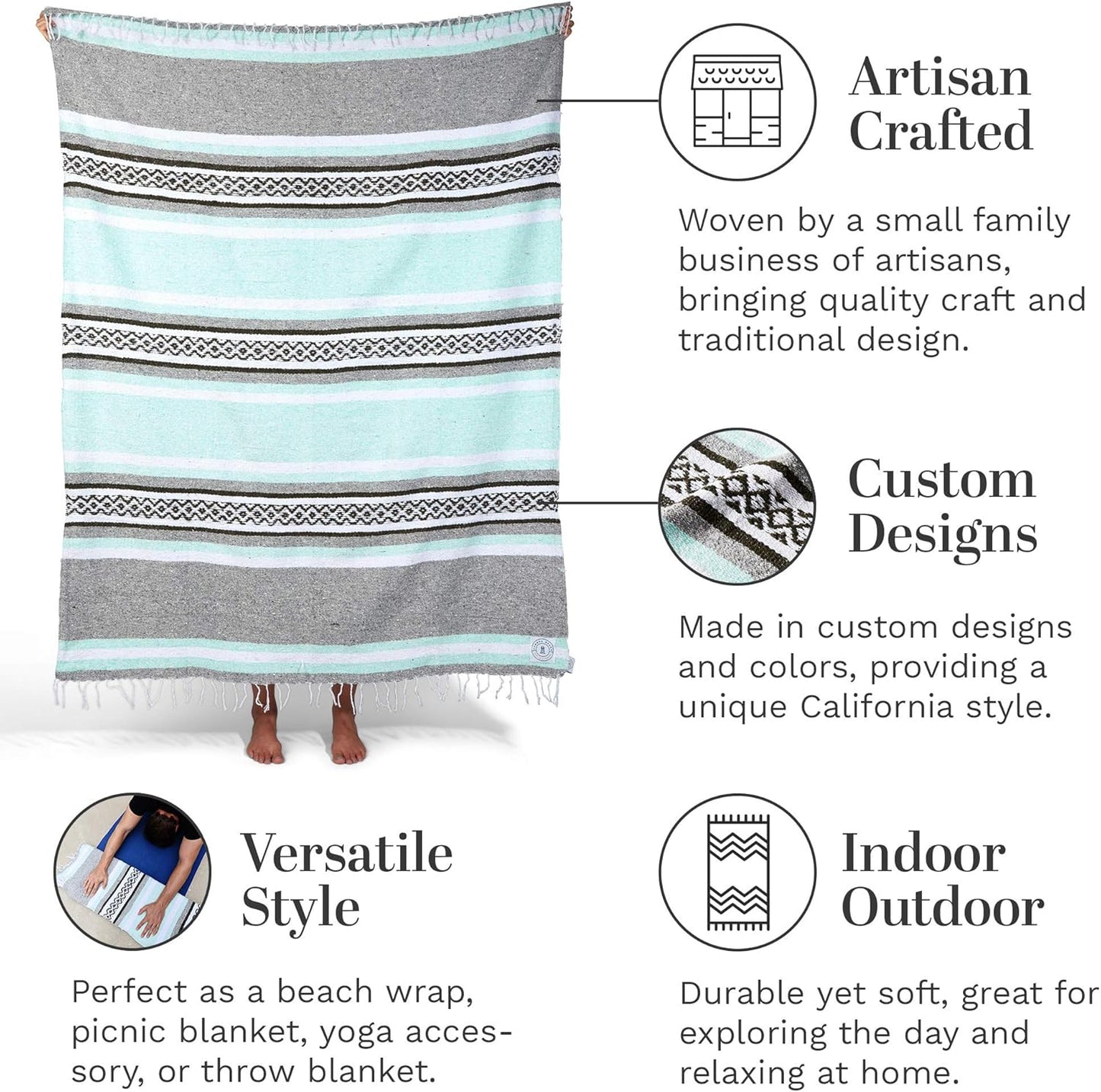 Mexican Blanket by Laguna Beach Textile Co - Beach, Yoga, Camping, or Decorative Throw Blanket - Traditional Handmade Serape (Ivory)