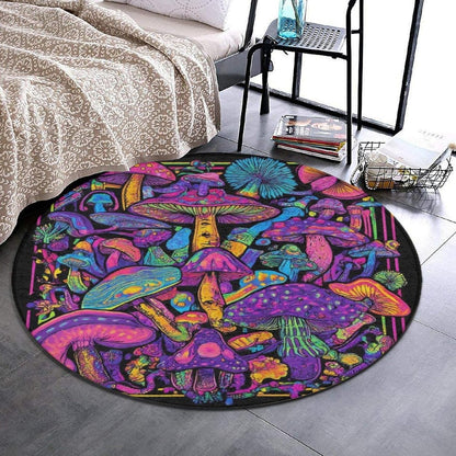 Machine Washable Modern Round Area Rug, Room Sofa Yoga Soft Round Carpet, Home Decor Non Slip Kitchen Office Circle Rug Trippy Rainbow Mushroom Tie Dye Art, 60inch