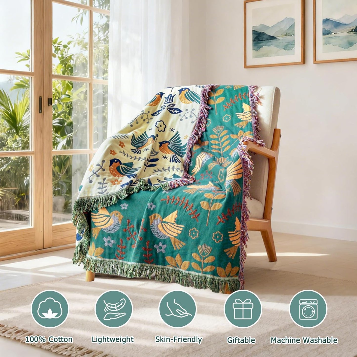 Boho Throw Blanket - 100% Cotton Soft Summer Throw Blanket for Bed, 50"x60" Reversible Breathable Lightweight Blankets, All Seasons Farmhouse Decor Floral Plant Butterfly Throw Quilt