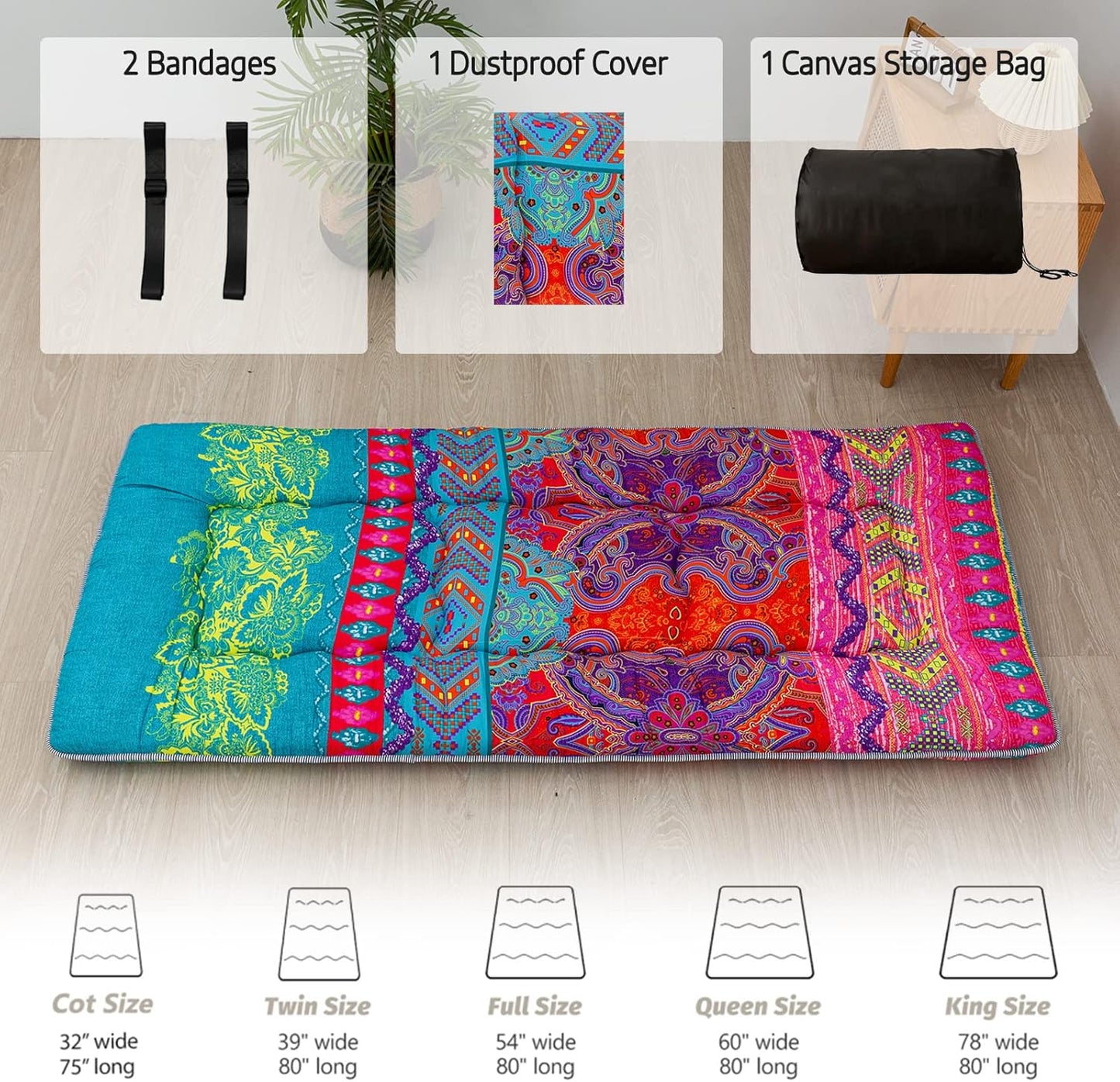 MAXYOYO Bohemian Retro Mattress Boho Floral Japanese Futon Mattress Tatami Floor Mat Foldable Portable Camping, Sleeping Pad, Lounger Couch Bed Full Size