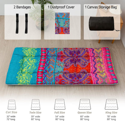 MAXYOYO Bohemian Retro Mattress Boho Floral Japanese Futon Mattress Tatami Floor Mat Foldable Portable Camping, Sleeping Pad, Lounger Couch Bed Full Size