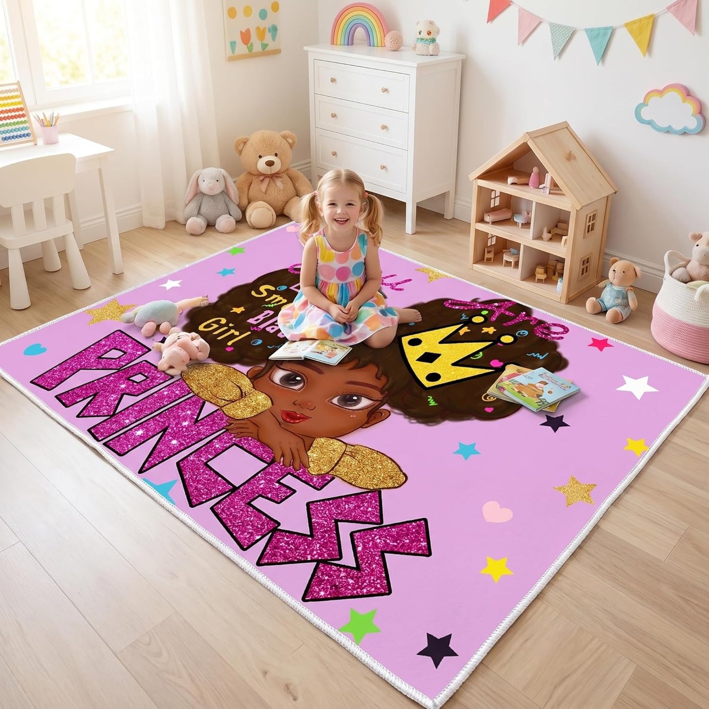 Black Girl Area Rug for Bedroom African American Rugs for Room Princess Carpet Kids Rugs for Bedroom African Girls Carpet for Living Room Teen Girls Yoga Mats, Pink, 4'×5'
