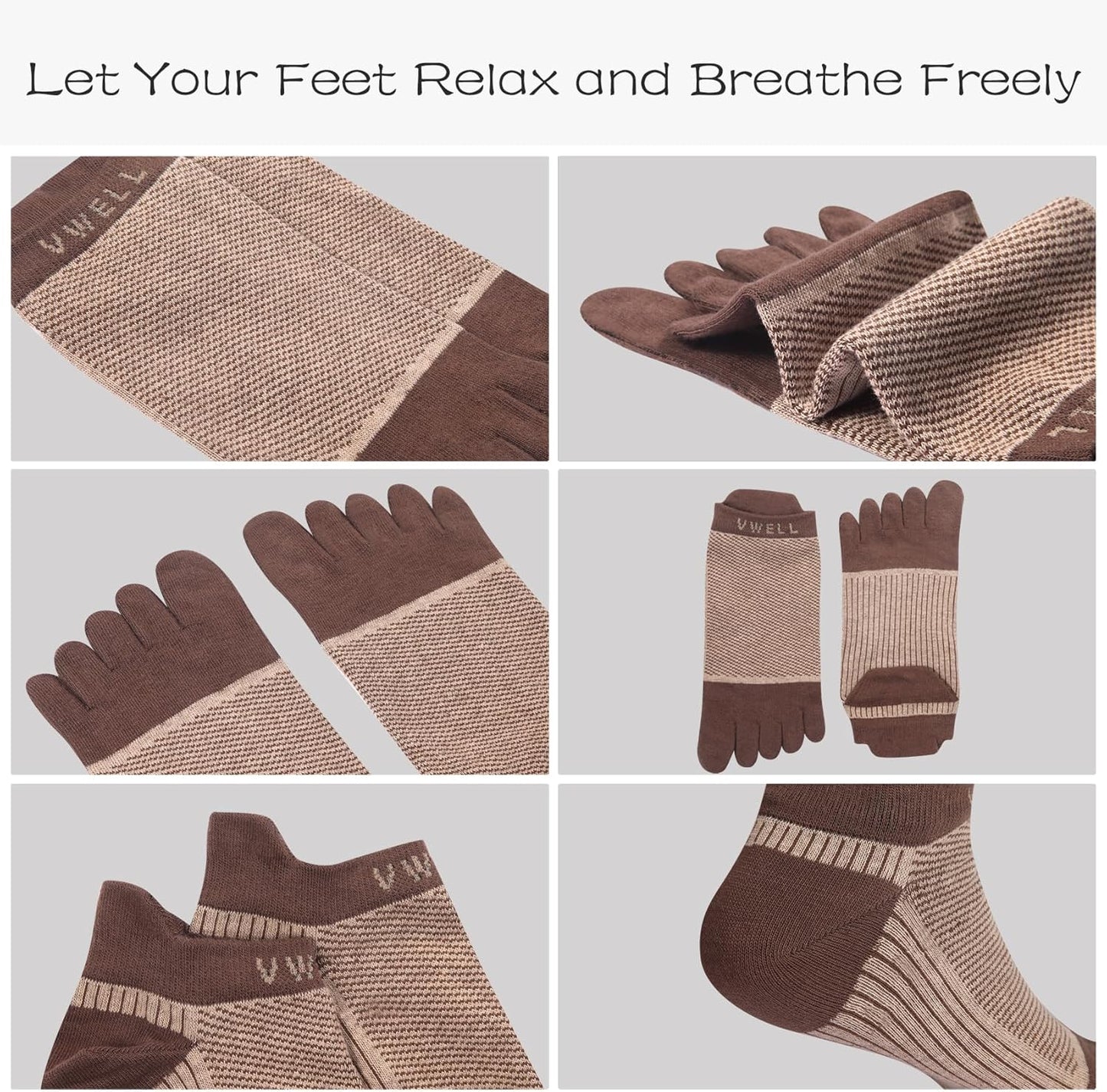 VWELL Cotton Toe Socks Five Finger Socks No Show Crew Athletic Running Socks 4 Pairs,Size 7-11