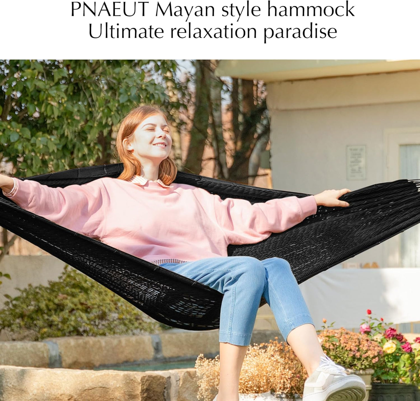 PNAEUT Handwoven Mayan Hammocks, Double Rope Hammock for Outdoor Outside & Indoor, Thick Soft 600 lbs Capacity Heavy-Duty, Includes Tree Straps, Carabiners & Carrying Bag (Nature, X-Large)