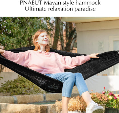 PNAEUT Handwoven Mayan Hammocks, Double Rope Hammock for Outdoor Outside & Indoor, Thick Soft 600 lbs Capacity Heavy-Duty, Includes Tree Straps, Carabiners & Carrying Bag (Nature, X-Large)