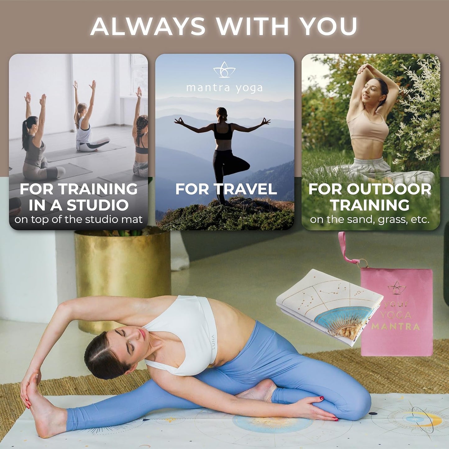 Mantra Yoga Travel PRO 1.5mm with Knee Pad - Foldable Fitness & Exercise Mat with Bag | Lightweight, Compact & Eco-Friendly | Non-Slip & Washable | For All Types of Yoga | 72" L x 24" W | 2.6 lbs