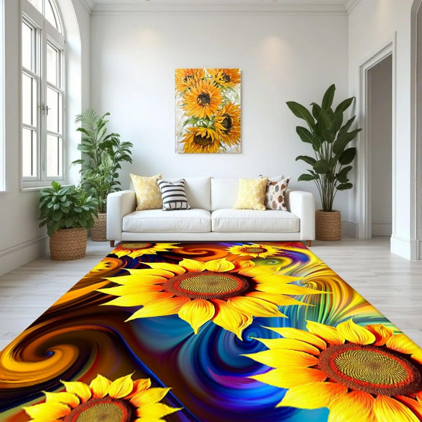 You are My Sunshine Sunflower Area Rug 6x8ft Beautiful Bee Butterfly Rug Indoor Low Pile Non-Shedding Carpet for Contemporary Retro Living Room Bedroom Yoga Mat Washable Non-Slip Rugs