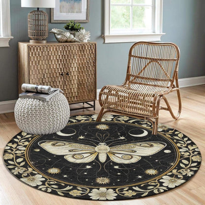 Large Home Decor Mat, Soft Round Yoga Carpet, Non Slip Machine Washable Home Office Circle Rug Gothic Witchy Sun Moon Mushroom Moth